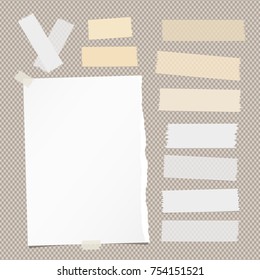 White ripped notebook, note paper sheet, sticky adhesive sticky tape for text or message on brown squared background