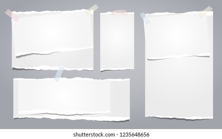 White ripped notebook paper, torn note paper strips stuck on grey background. Vector illustration