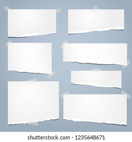 White ripped notebook paper, torn lined note paper for text or message stuck on blue background. Vector illustration