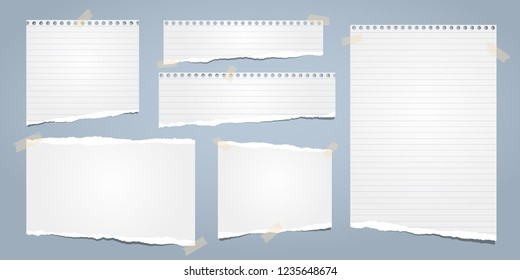 White ripped notebook paper, torn lined note paper for text or message stuck on blue background. Vector illustration