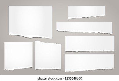 White ripped notebook paper, torn note paper strips for text or message are on brown background. Vector illustration