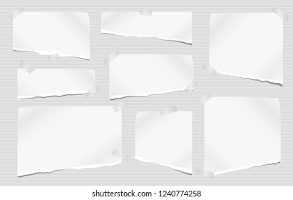 White ripped notebook paper, torn note paper strips stuck on grey lined background. Vector illustration