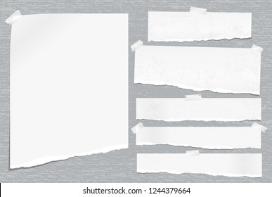 White ripped notebook paper, torn note paper strips stuck on grey stained background. Vector illustration