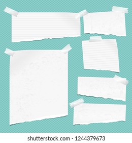 White ripped notebook paper, torn note paper strips stuck on turquoise squared background. Vector illustration