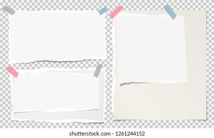 White ripped notebook paper, torn note paper strips stuck on squared grey background. Vector illustration