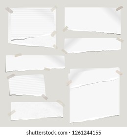 White ripped notebook paper, torn note paper strips stuck with sticky tape on grey background. Vector illustration