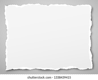 White ripped notebook paper, torn note paper stuck on grey squared background with soft shadow. Vector illustration