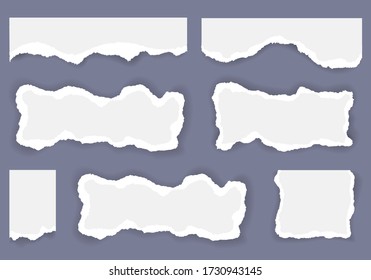 White ripped paper, notebook, copybook paper strips, sheets.  Message, notice, Vector illustration.