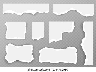 White ripped paper, notebook, copybook paper strips, sheets.  Message, notice, Vector illustration.