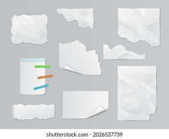 White ripped paper notes, sheets and strips collection. Realistic paper scraps with torn edges. Sticky shreds of notebook pages set. 3d vector illustration