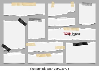 White ripped paper strips collection. Realistic paper scraps with torn edges and adhesive tape. Sticky notes, shreds of notebook pages. Vector illustration.