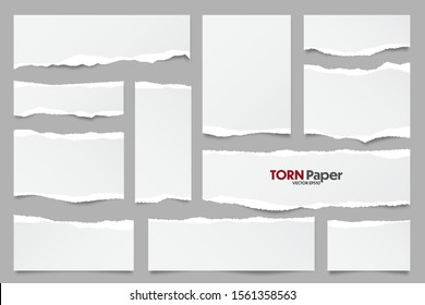 White ripped paper strips collection. Realistic paper scraps with torn edges. Sticky notes, shreds of notebook pages. Vector illustration.