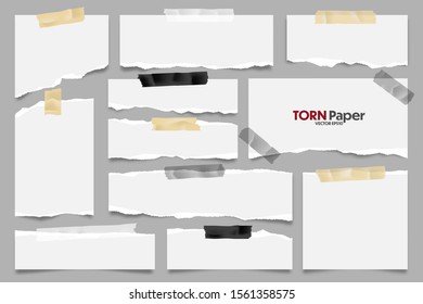 White ripped paper strips collection. Realistic paper scraps with torn edges and adhesive tape. Sticky notes, shreds of notebook pages. Vector illustration.