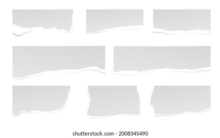 White ripped paper strips collection. Realistic paper scraps with torn edges. Set outline blue ribbons and Banners. Sticky notes, shreds of notebook pages. Vector illustration.