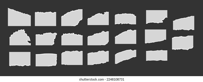Colección de tiras de papel rotas en blanco. Desechos de papel realistas con bordes rotos. Notas pegajosas, fragmentos de páginas de cuadernos. Ilustración vectorial.