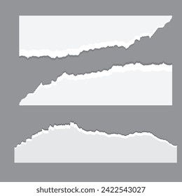 Kollektion von Streifen aus weißem Reißpapier. Tornblätter aus Papier. Papierstreifen mit Torn. Vektorgrafik