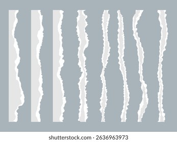 White ripped paper strips collection. Realistic paper scraps with torn edges. Sticky notes, shreds of notebook pages. Vector illustration.