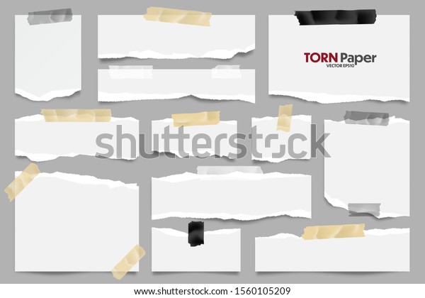 White ripped paper strips\
collection. Realistic paper scraps with torn edges and adhesive\
tape. Sticky notes, shreds of notebook pages. Vector\
illustration.