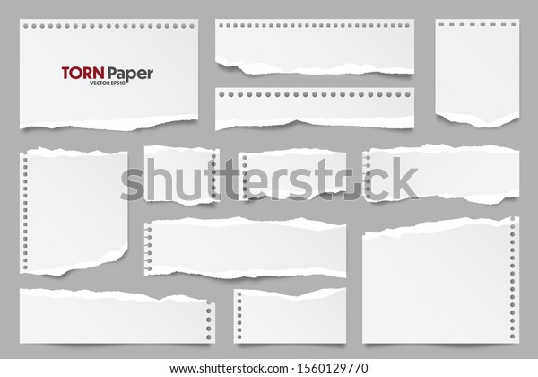 White ripped paper strips collection.\
Realistic paper scraps with torn edges. Sticky notes, shreds of\
notebook pages. Vector\
illustration.