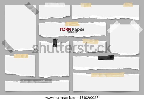 White ripped paper strips\
collection. Realistic paper scraps with torn edges and adhesive\
tape. Sticky notes, shreds of notebook pages. Vector\
illustration.