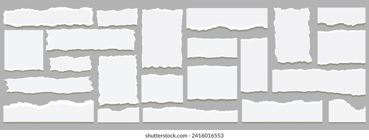 White ripped paper strips collection.Realistic paper scraps with torn edges.Sticky notes, Torn papers, shreds of notebook pages.torn paper sheet set in square and rectangle shapes Vector illustration.