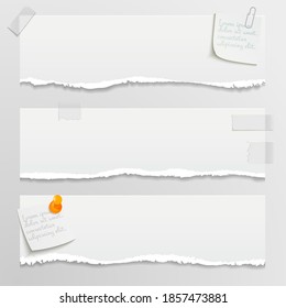Tiras de papel blancas arrancadas. Desechos de papel realistas con bordes rotos. Notas pegajosas, fragmentos de páginas de cuadernos. Ilustración vectorial.