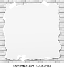 White ripped paper with torn edges, torn note paper for text or message is on brick wall background