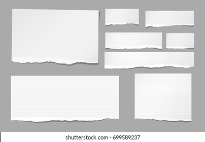 White ripped ruled, lined note, copybook, notebook paper strips stuck on grey background.