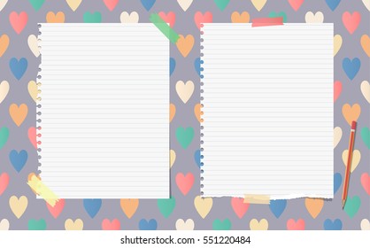 White ripped ruled notebook, copybook, note paper with pencil stuck on pattern created of colorful heart shapes