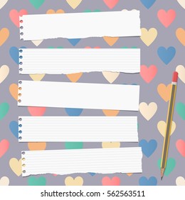 White ripped ruled notebook, copybook, note paper strips with pencil stuck on pattern created of colorful heart shapes