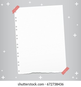 White ripped ruled, striped notebook, copybook paper sheet and abstract stars on gray background.