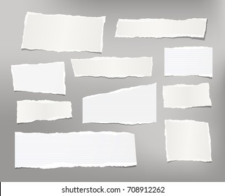 White ripped striped note, copybook, notebook paper stuck on light gray background.