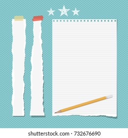 White ripped strips, copybook, notebook paper with pencil for note or text stuck with sticky tape and stars on turquoise background.