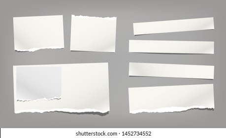 White ripped, torn note, notebook paper strips, copybook sheet stuck on dark grey background. Vector illustration