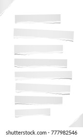 White rippedblank note, notebook paper strips for text or message stuck on white background.