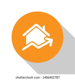 White Rising cost of housing icon isolated on white background. Rising price of real estate. Residential graph increases. Orange circle button. Vector Illustration