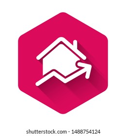 White Rising cost of housing icon isolated with long shadow. Rising price of real estate. Residential graph increases. Pink hexagon button. Vector Illustration