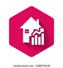 White Rising cost of housing icon isolated with long shadow. Rising price of real estate. Residential graph increases. Pink hexagon button. Vector Illustration