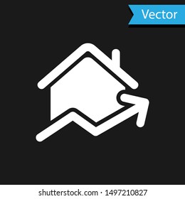 White Rising cost of housing icon isolated on black background. Rising price of real estate. Residential graph increases.  Vector Illustration