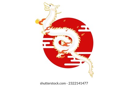 White Rising Dragon(Serpent), Sun and Clouds, Japanese Pattern Ekasumi, Japanese New Year Traditional Material, Vector Illustration