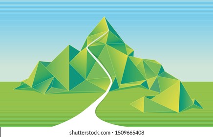 white road to the top of green geometric mountain