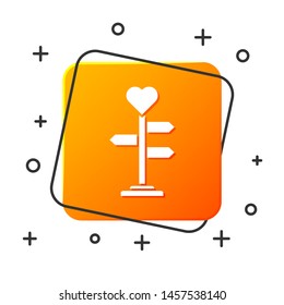 White Road traffic sign. Signpost with heart icon isolated on white background. Isolated street information sign. Direction sign. Orange square button. Vector Illustration