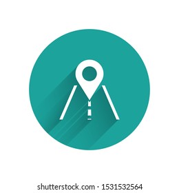 White Road traffic sign. Signpost icon isolated with long shadow. Pointer symbol. Isolated street information sign. Direction sign. Green circle button. Vector Illustration