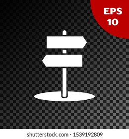 White Road traffic sign. Signpost icon isolated on transparent dark background. Pointer symbol. Isolated street information sign. Direction sign.  Vector Illustration