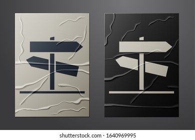 White Road traffic sign. Signpost icon isolated on crumpled paper background. Pointer symbol. Street information sign. Direction sign. Paper art style. Vector Illustration