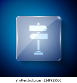 White Road traffic sign. Signpost icon isolated on blue background. Pointer symbol. Isolated street information sign. Direction sign. Square glass panels. Vector Illustration