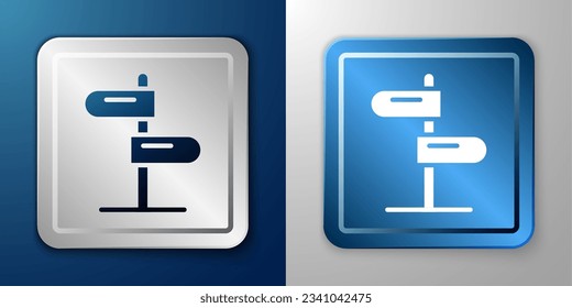 White Road traffic sign. Signpost icon isolated on blue and grey background. Pointer symbol. Isolated street information sign. Direction sign. Silver and blue square button. Vector