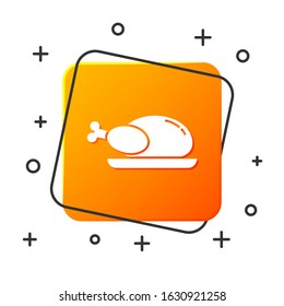 White Roasted turkey or chicken icon isolated on white background. Orange square button. Vector Illustration