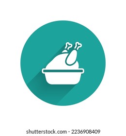 White Roasted turkey or chicken icon isolated with long shadow background. Green circle button. Vector