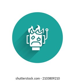 White Robot burned out icon isolated with long shadow. Green circle button. Vector
